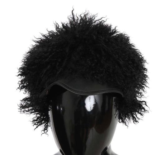 Chic Black Gatsby Cap in Tibet Lamb Fur - GlamHub Luxury and Icon Brand Clothing