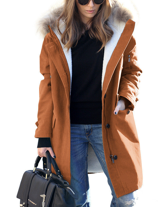 Women's Loose Extended Fur Collar Hooded Overcoat